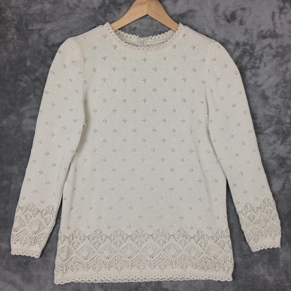 Vtg Pointelle Knit‎ Sweater Womens M Ivory Scalloped Back Zip Delicate Feminine